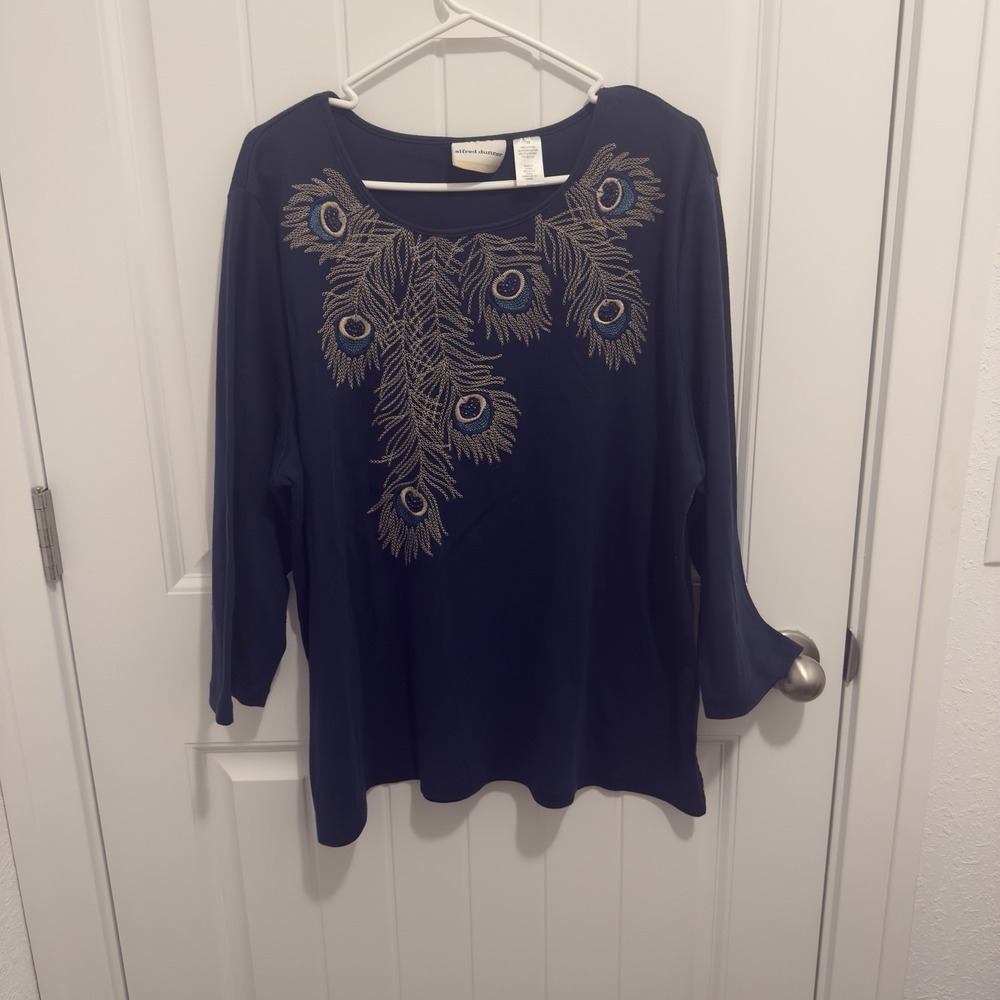Alfred Dunner Women's Navy Peacock Like Design 3/4 Sleeve Size 3X
